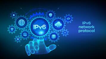 ipv6. Internet protocolo versión 6. ipv6 red protocolo estándar Internet comunicación concepto. estructura metálica mano conmovedor digital interfaz con conectado engranajes engranajes, iconos vector ilustración.