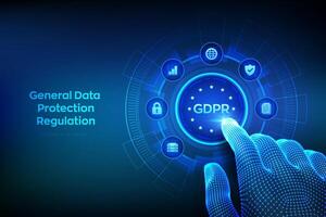 GDPR. General Data Protection Regulation. Cyber security and privacy concept on virtual screen. Protection of personal information. Wireframe hand touching digital interface. Vector illustration.