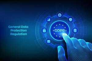 GDPR. General Data Protection Regulation. Cyber security and privacy concept on virtual screen. Protection of personal information. Wireframe hand touching digital interface. Vector illustration.