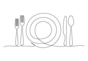 Continuous one line drawing of knife, fork and plate decoration for cafe or kitchen restaurant or menu cutlery vector illustration