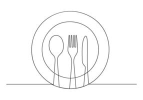 Continuous one line drawing of knife, fork and plate decoration for cafe or kitchen restaurant or menu cutlery vector illustration