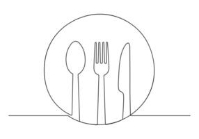 Continuous one line drawing of knife, fork and plate decoration for cafe or kitchen restaurant or menu cutlery vector illustration