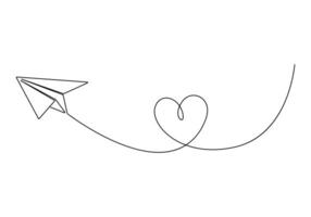 Continuous one line drawing of paper airplane isolated on white background vector illustration