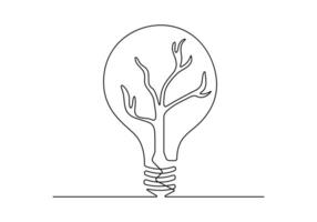 Continuous single line drawing of green plant in light bulb green energy concept vector illustration