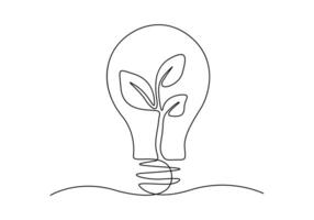 Continuous single line drawing of green plant in light bulb green energy concept vector illustration