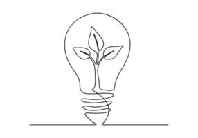 Continuous single line drawing of green plant in light bulb green energy concept vector illustration