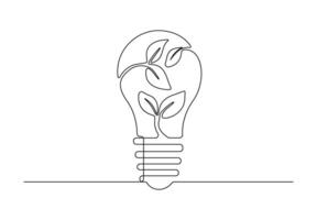 Continuous one line drawing of light bulb and plant. Vector illustration