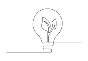 Continuous single line drawing of green plant in light bulb green energy concept vector illustration