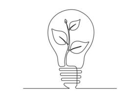 Continuous single line drawing of green plant in light bulb green energy concept vector illustration