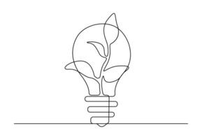 Continuous one line drawing of light bulb and plant. Vector illustration