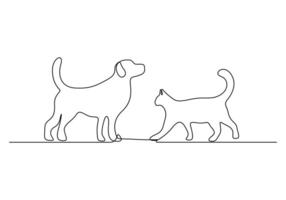 Cat and dog continuous one line drawing vector illustration