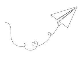 Continuous one line drawing of paper airplane isolated on white background vector illustration