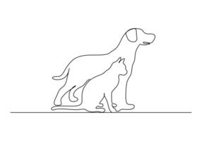 Cat and dog continuous one line drawing vector illustration