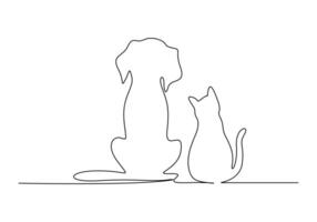 Cat and dog continuous one line drawing vector illustration