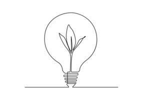 Continuous single line drawing of green plant in light bulb green energy concept vector illustration