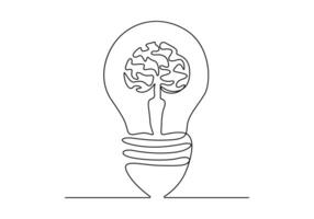 Single line drawing of lightbulb with human brain for medical company logo identity vector illustration