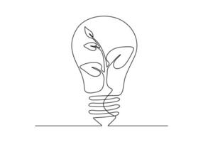 Continuous single line drawing of green plant in light bulb green energy concept vector illustration