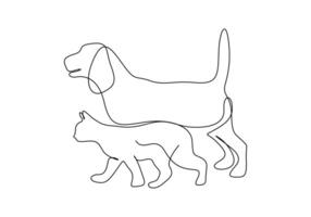 Cat and dog continuous one line drawing vector illustration