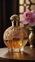 ai generado oriental perfume botella exquisitamente hecho a mano con intrincado patrones con translúcido dorado matiz líquido foto