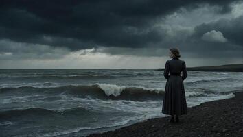 AI generated Back of a female figure in period clothing standing on the edge of a turbulent deep mysterious ocean photo