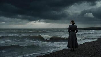 AI generated Back of a female figure in period clothing standing on the edge of a turbulent deep mysterious ocean photo