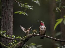 ai generado colibríes sentado en el árbol rama en el bosque foto