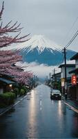 AI generated Picturesque Japanese street adorned with blooming sakura trees with the majestic backdrop of Mount Fuji photo