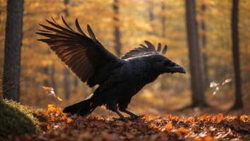 AI generated Black raven in the midst of a colorful autumn forest with leaves falling around photo