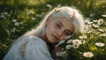 AI generated Young woman with white hair dressed in a sundress lying in a lush green field with daisies photo