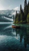 AI generated Boat floating on the surface of crystal clear lake enveloped in fog surrounded by towering trees that reach up towards the sky photo