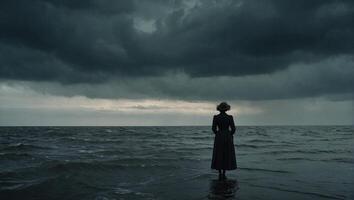 AI generated Back of a female figure in period clothing standing on the edge of a turbulent deep mysterious ocean photo