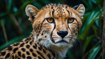 ai generado cerca arriba ver de majestuoso leopardo exhibiendo sus distintivo manchado Saco y intenso mirada en el tropical selva foto