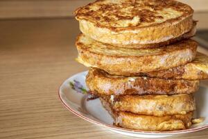 delicious Fried bread slices on a plate. Close up photo