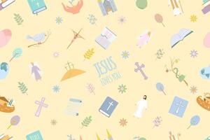 Stylish seamless patterns with funny cartoon bible characters on a light background. The baptism of Jesus Christ. John the Baptist Christianity Word of God Jesus Christ Holy places. Bible study vector