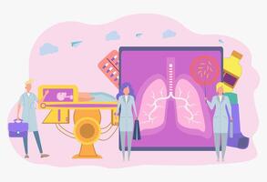 The concept of diagnosis and treatment of coronavirus COVID-2019. Doctors diagnose the deadly type of 2019 nKoV virus. Little scientists study the virus. Colorful vector illustration