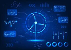 Renewable energy technology windmill that shows the status of electrical energy storage data. It is the conversion of wind energy to use and transmit electricity for further use in the city. vector