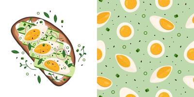 Tasty bruschetta and pattern with boiled eggs vector