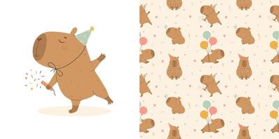 Birthday capybara and pattern with funny capybaras vector