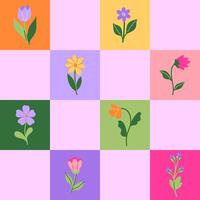 Seamless multicolored checkered pattern with colorful flowers. Vector graphics.