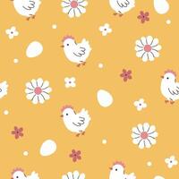 Simple seamless pattern with chickens, eggs and flowers. Vector graphics.