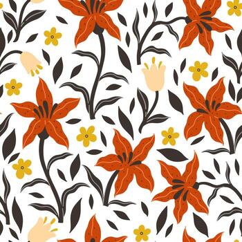 Simple seamless pattern of red lilies on a white background. Vector graphics
