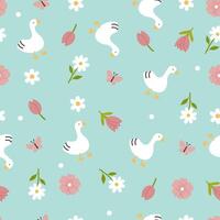 Simple seamless pattern of cute geese and flowers. Vector graphics