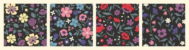 Set of seamless patterns of flowers on a dark background. Vector graphics.