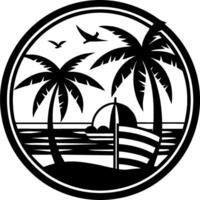 AI generated Beach, sunset, palm trees logo black and white in round frame. vector