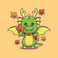 Cute dragon holding autumn leaf. Mascot cartoon vector illustration suitable for poster, brochure, web, mascot, sticker, logo and icon.