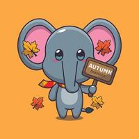 Cute elephant with autumn sign board cartoon vector illustration