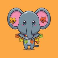 Cute elephant with autumn leaf decoration cartoon vector illustration