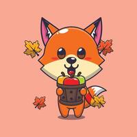 Cute fox holding a apple in wood bucket. vector