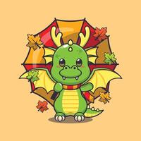 Cute dragon with umbrella at autumn season. Mascot cartoon vector illustration suitable for poster, brochure, web, mascot, sticker, logo and icon.