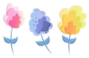 Colored set of vector icons depicting various hydrangeas in a flat style. Blue, pink, yellow